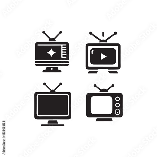 Retro Television Icons Set for Multimedia Design.Four simple, black-and-white icons depicting classic television sets.