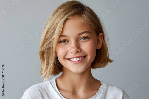 Smiling caucasian female child with short blond hair and blue eyes