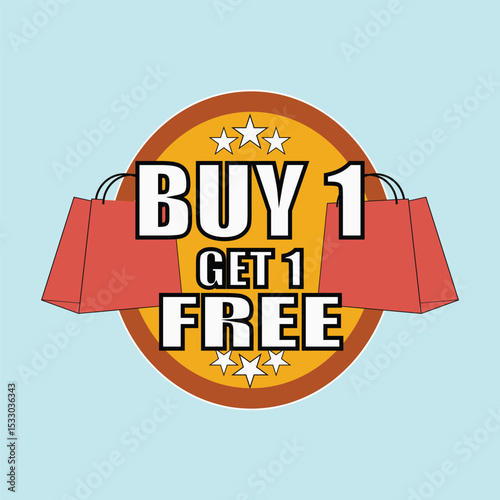 Buy 1 Get 1 Free Shopping Promotion Badge Vector Illustration - Retail Discount Offer with Shopping Bags and Stars