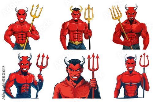 Devil with trident, Evil laughing devil, Angry red demon illustration, muscular demon with glowing eyes, strong sports cartoon character 