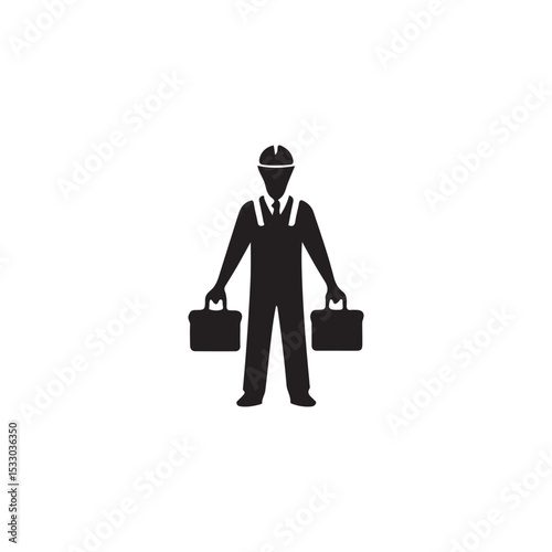 A worker carrying tools, ready for a job.A black and white silhouette of a worker wearing a hard hat and coveralls, holding two toolboxes.