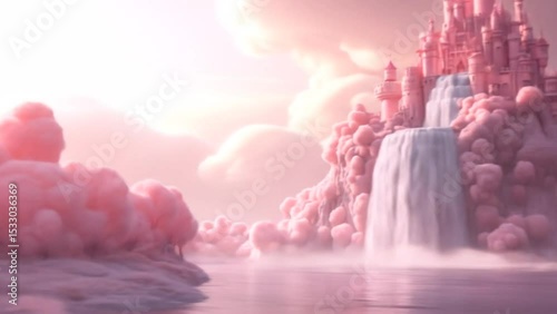 Majestic pink fantasy castle built among soft fluffy clouds with tall waterfall cascading into reflective calm lake below. Fantasy concept