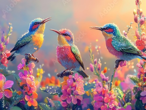 Three colorful birds perched on flowering branches in a soft pastel setting.