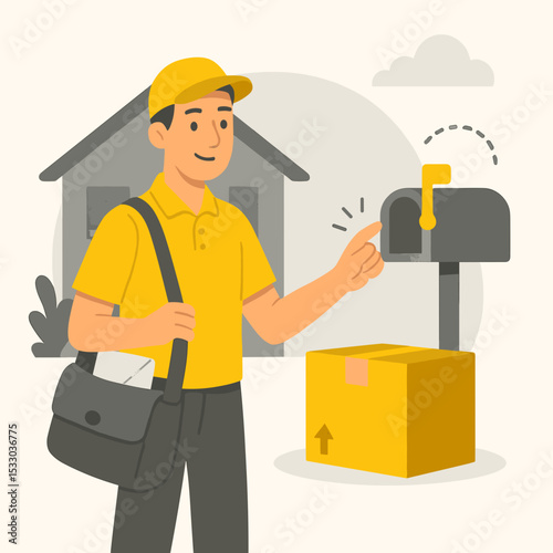 Mail Carrier Delivering Parcel at Doorstep with Mailbox and Package – Flat Design Concept of Home Delivery and Postal Services