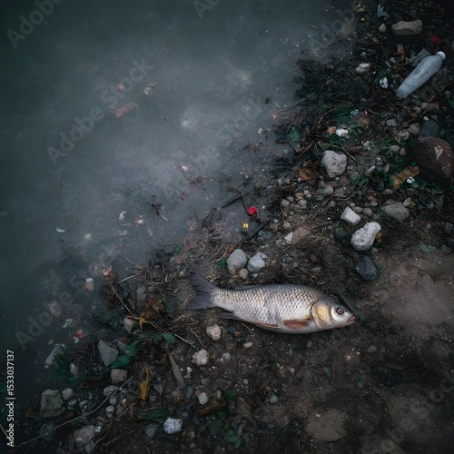 A dead fish lies on the polluted shore of a lake surrounded by plastic waste