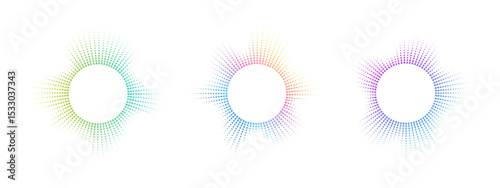 A set of rainbow equalizers made of bursting beams . Radial sound, frequency sound multicolor neon waves. Musical symbol, circular sound waves. Vector radial spectrum.