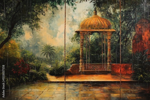 Painting of a gazebo in a lush garden with trees and reflective surface.