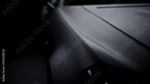 Close-up of a car's smooth, dark gray body.  Sharp lines and contours suggest high-end vehicle
