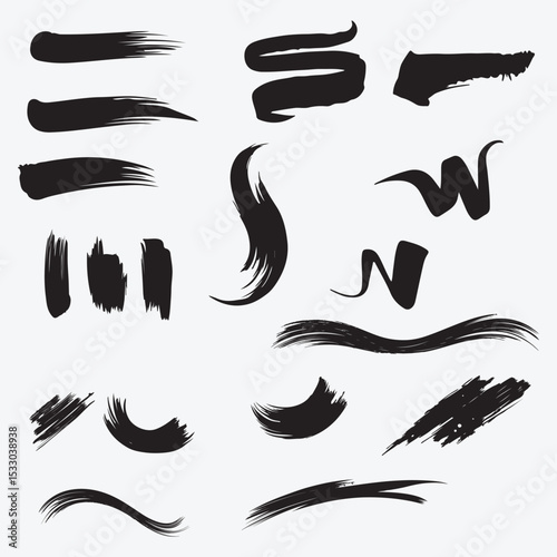 Ink Brush Stroke Vector Set of Black Line and Silhouette Style on White Background
