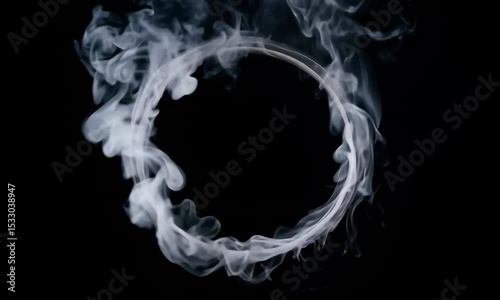 White smoke ring floating on black background — mysterious play of light and form.