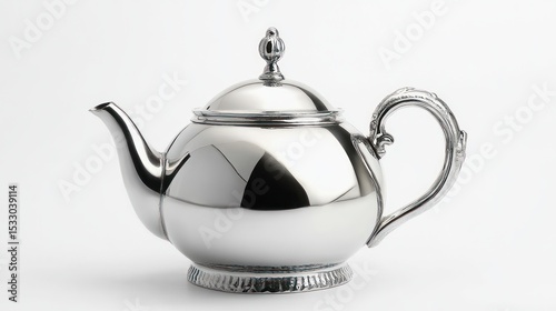 A shiny silver teapot with a decorative handle and lid sitting on a white background surface