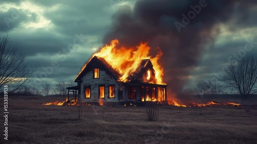 An old wooden house is ablaze, with flames and smoke billowing against a cloudy sky in a rural landscape. Fire engulfs the structure, spreading through the dried grass and trees