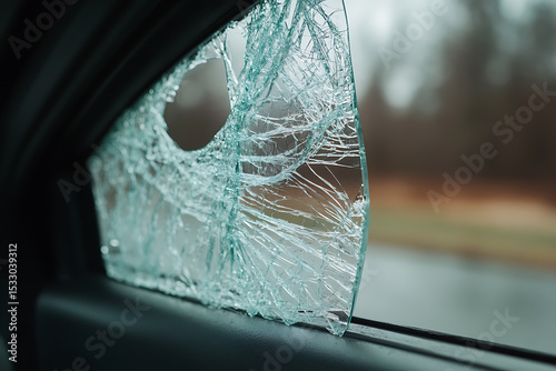 Shattered Vehicle Window: Broken glass in a car window suggests vandalism or an accident, revealing damage and potential security issues. Roadside scene.