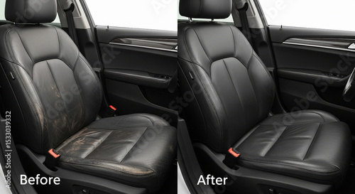 Side-by-side comparison of a car seat before and after cleaning, showing significant improvement in cleanliness and appearance, Generative AI.