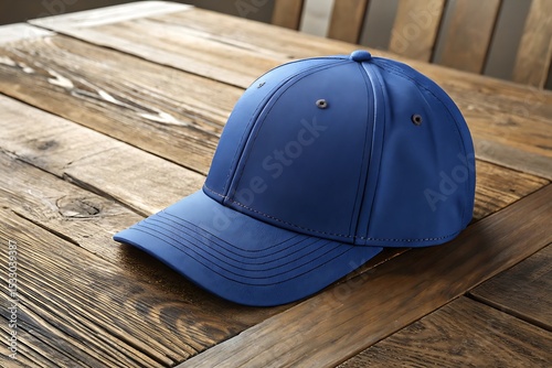 Classic Blue Baseball Cap  High-Quality Mockup on Rustic Wood