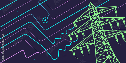 Electric Power Transmission Tower and Circuit Lines Illustration