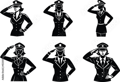 Collection of Confident Female Pilot Silhouette Poses in Uniform