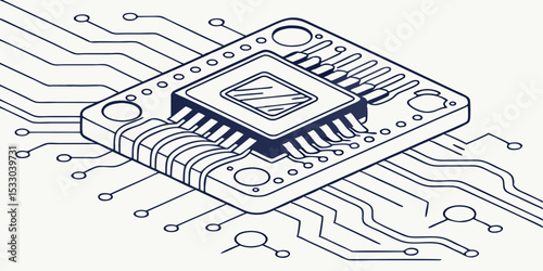 Detailed Illustration of a Microchip and Circuit Board