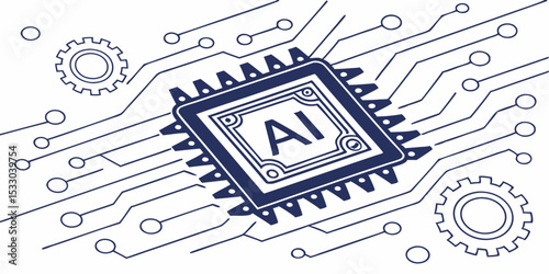 AI Technology Circuit Board with Processor and Gears