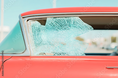 Shattered Dreams: A vintage red car with a smashed window, hinting at loss, damage, and the fragility of beauty. Crime and vandalism concept.