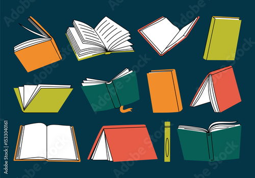 Set of different positions of books in coloful covers in a retro cartoon style. Read more books. Open and closed books. Colorful collection for book lovers. Hand drawn educational vector illustration.