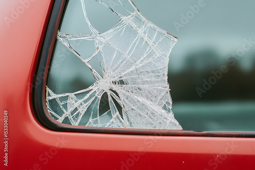 Close-up of a red car's broken side window with shattered glass showing damage and vulnerability, conveying themes of vandalism or accidents.
