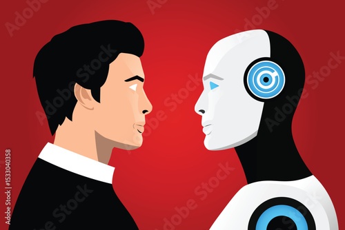 Human and robot face to face AI comparison concept