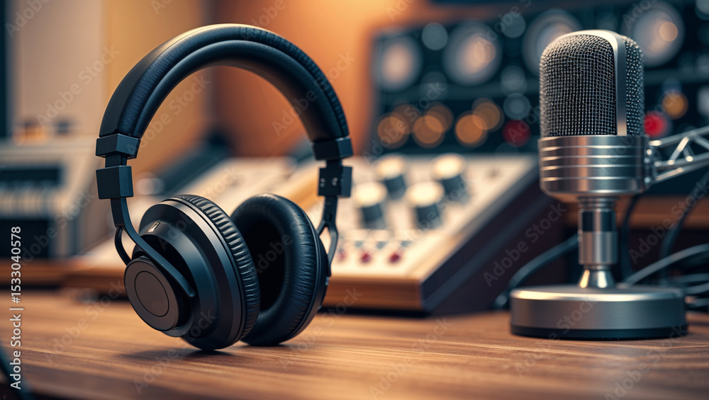 Obraz premium Professional Headphones and Microphone in Recording Studio