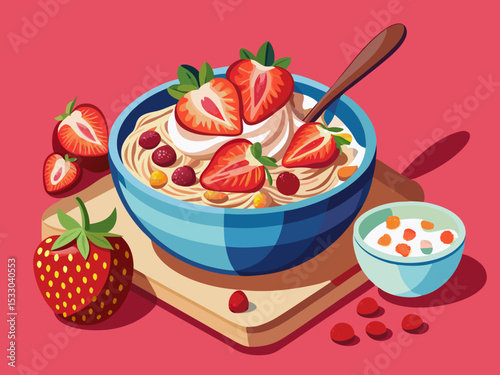 vector of Granola with yogurt and strawberries in a bowl. On a pink background...