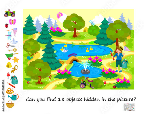 Can you find 18 objects hidden in the picture? Logic puzzle for smartest. Search and find game. Illustration of beautiful park. Page for kids brain teaser book. Flat vector drawing. IQ test.