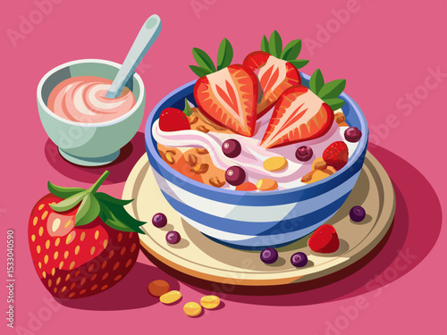 vector of Granola with yogurt and strawberries in a bowl. On a pink background...