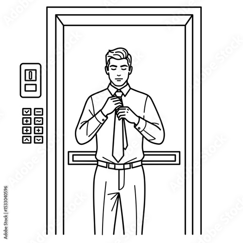 Man adjusting his tie in an elevator, professional appearance, confident expression
