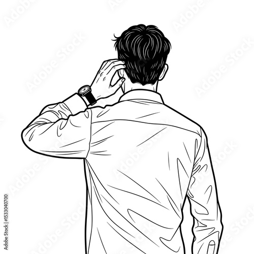 A man adjusting his hair while standing with his back facing the viewer in a simple line art style