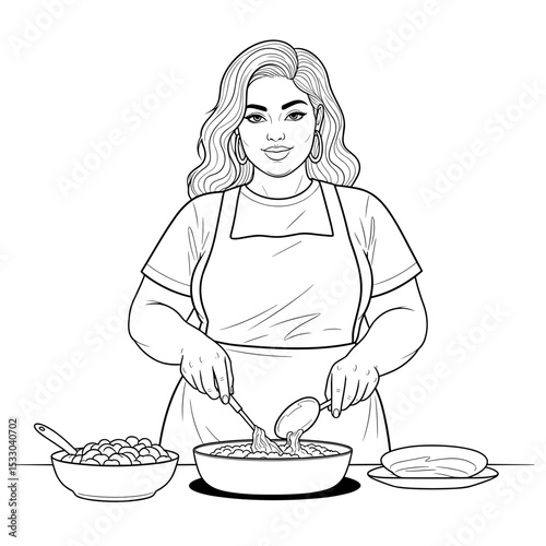 A plus-size woman cooking and serving food while wearing an apron in a simple line art style