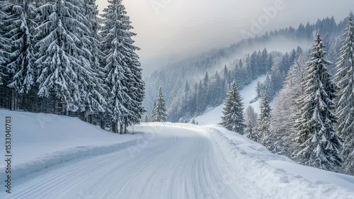 A winding road cuts through a tranquil snow-covered landscape surrounded by tall pine trees. The mountains rise in the background under a soft, cloudy sky, creating a serene winter atmosphere