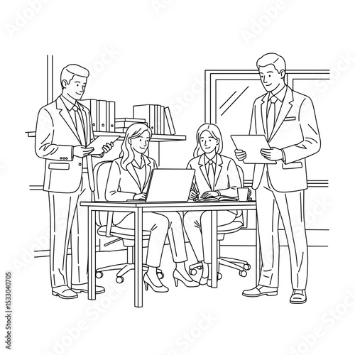 A group of professionals in business attire discussing work at a conference table in a simple line art style