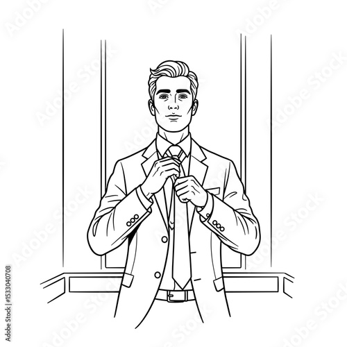 A man adjusting his tie while wearing a suit in a simple line art style