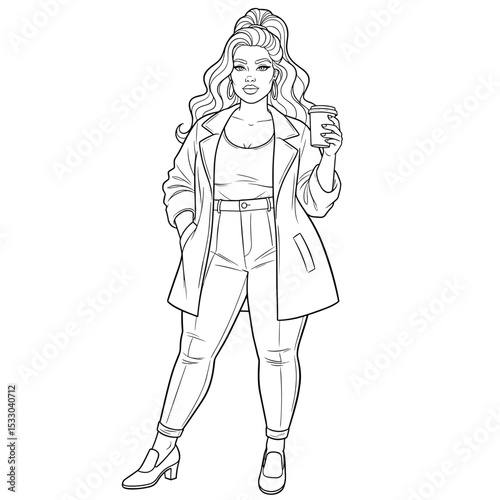 A plus-size woman holding a cup and standing confidently in a stylish outfit in a simple line art style