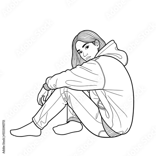 A young person sitting on the floor with a relaxed expression, wearing a hoodie in a simple line art style