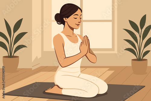 Woman meditating on yoga mat in bright room surrounded by plants promoting mental health and calm