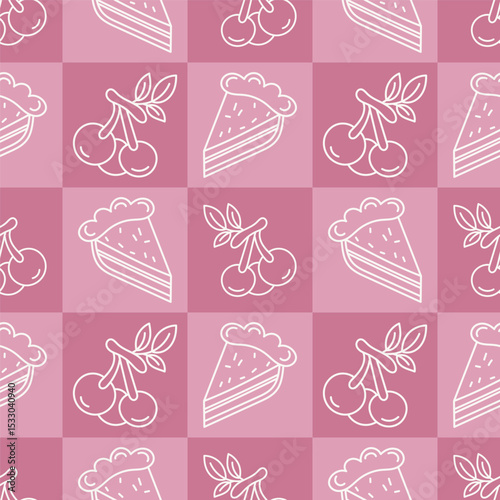 Seamless pattern with hand-drawn cherry fruits and pie slices in a minimalist white line-art style on a vintage pink background. Modern retro vector design 