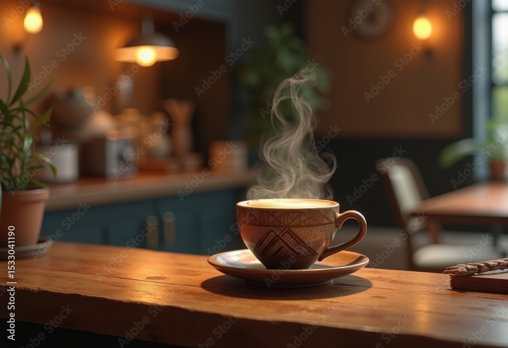 Fototapeta premium artisan coffee cup rustic wooden countertop warm beverage cozy atmosphere handcrafted home decor stylish ambiance, mug, drink, kitchen, espresso, ceramic, tea