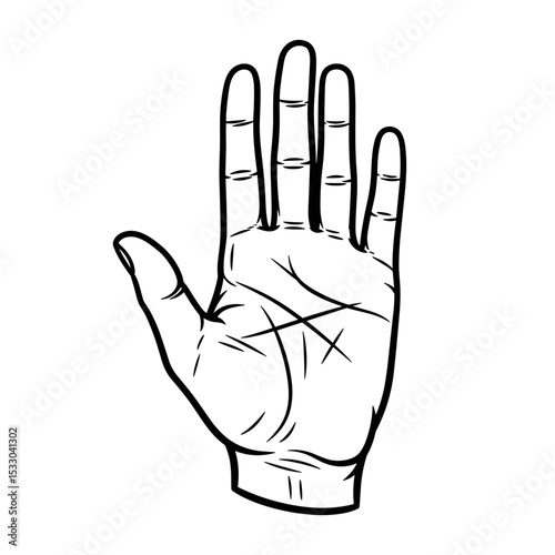 A detailed illustration of an open hand with visible lines on the palm in a simple line art style