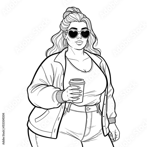 A plus-size woman wearing sunglasses and holding a coffee cup, strolling confidently in a casual outfit in a simple line art style