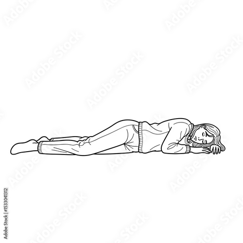 A young woman lying on her side, resting peacefully in a simple line art style