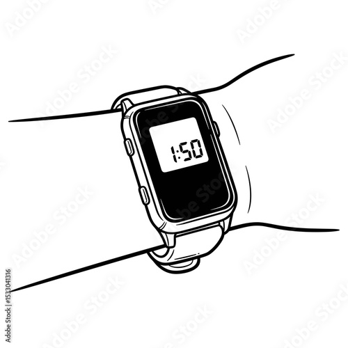 A close-up of a smartwatch displaying the time 1:50 on the screen in a simple line art style