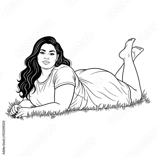 A plus-size woman relaxing on the grass in a dress, propped up on her elbows with a serene expression in a simple line art style