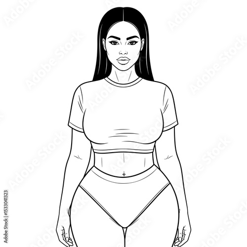 A plus-size woman standing confidently in a crop top and high-waisted bottoms in a simple line art style
