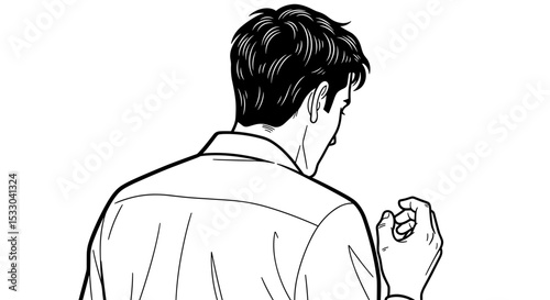 A man turning away, showing the back of his head and a hand gesture in a simple line art style
