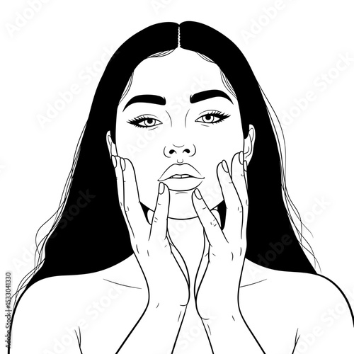 A portrait of a woman gently touching her face with a thoughtful expression in a simple line art style
